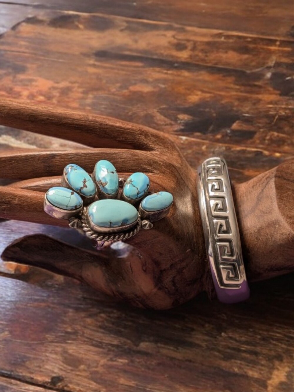 Navajo Signed Golden Hills Turquoise And Sterling Silver 925 Cluster Ring